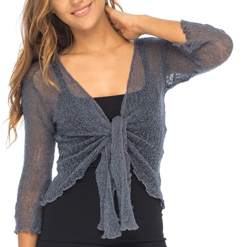 Back From Bali Womens Lightweight Knit Cardigan Shrug Lite Sheer Gunmetal - Image 1